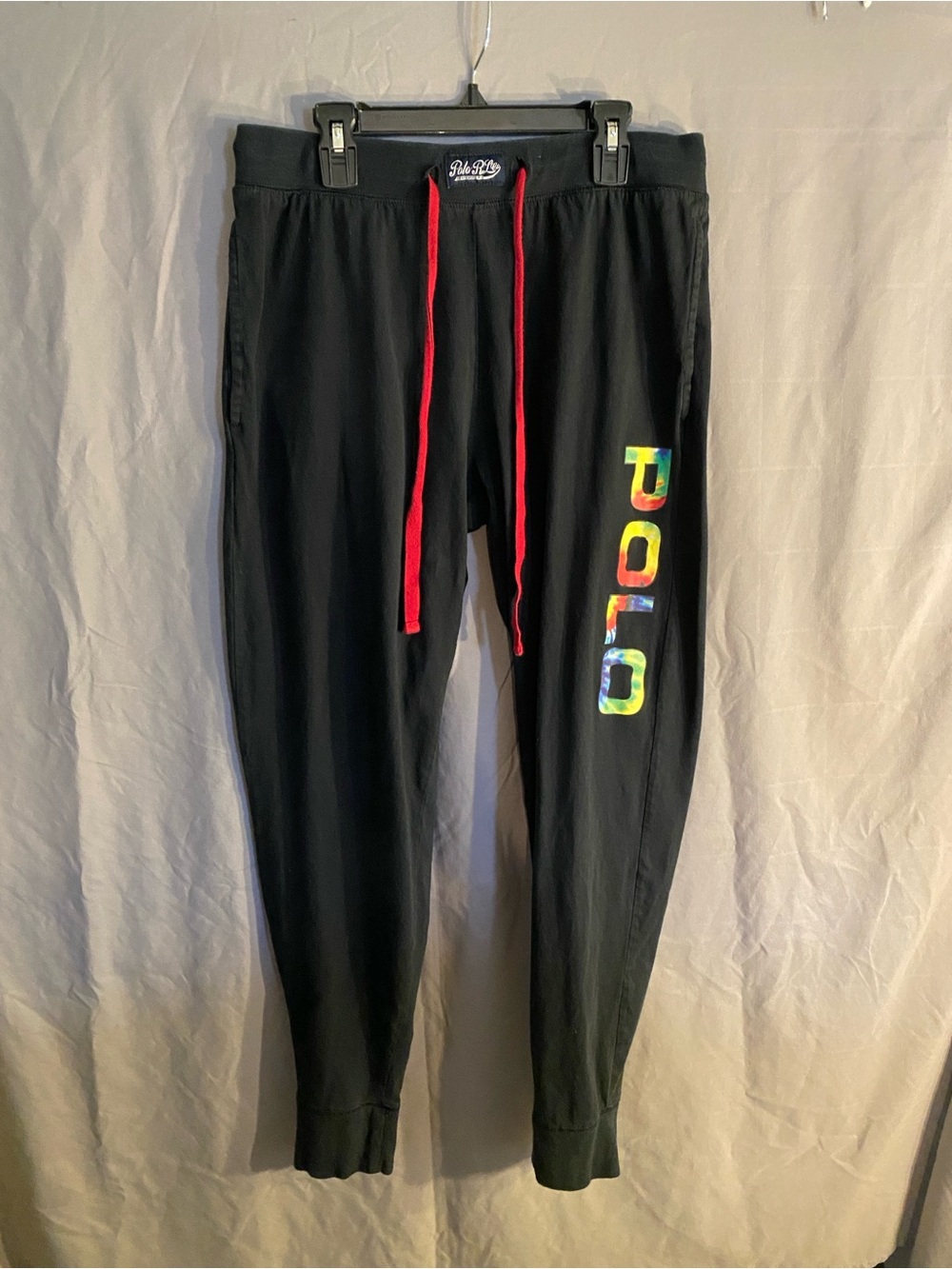 Polo by Ralph Lauren Black Joggers with Rainbow POLO Script and Red Drawstring